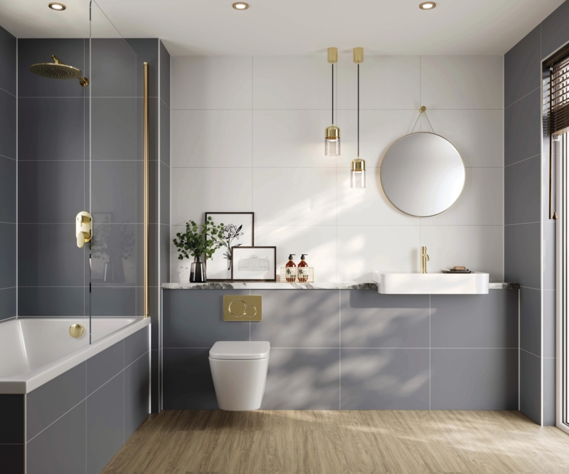 Modern Wall Mounted Toilet Design: Two-Tone Tiling & Gold Fixtures