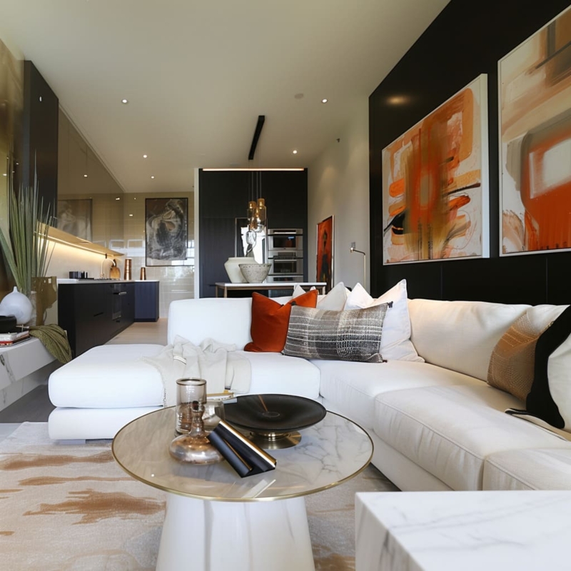 Modern White Sectional Sofa with Orange Wall Art