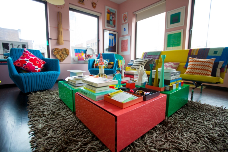Modular Glossy Block Coffee Tables in Pink Maximalist Living Room