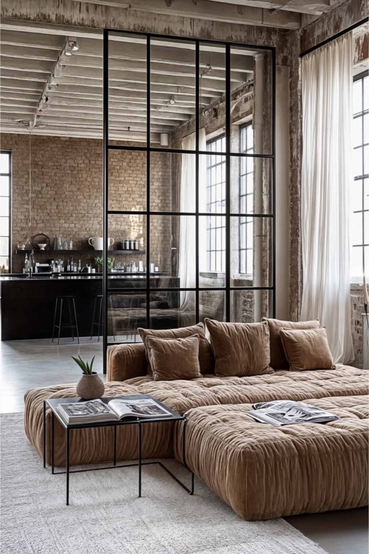Modular Sectional Sofa Ribbed Tufting Glass Partition Design