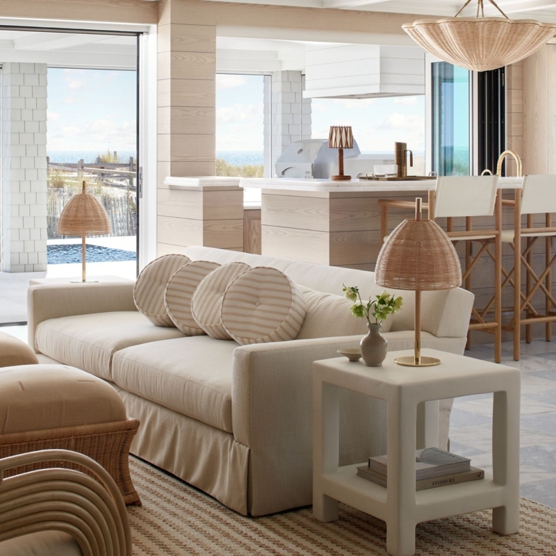 Monochromatic Cream Sofa Living Room: Rattan Shaded Lamps