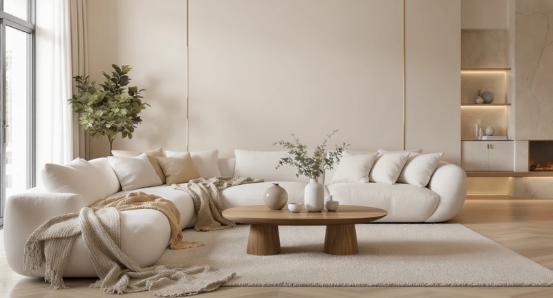 Monochromatic Soft Modern Living Room with Curved Cream Sectional.