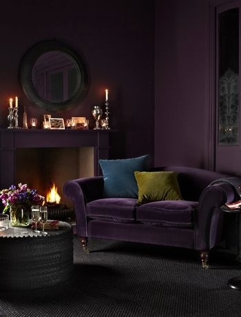 Monochromatic Wall Design with Dark Purple Velvet Loveseat Styling