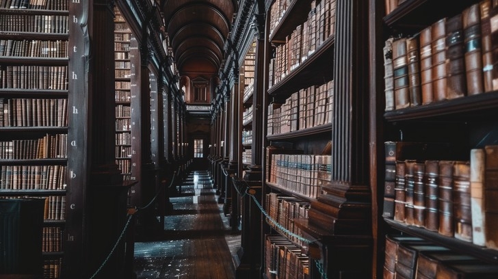 Monochromatic Wood Palette Library Hallway with Vaulted Ceiling