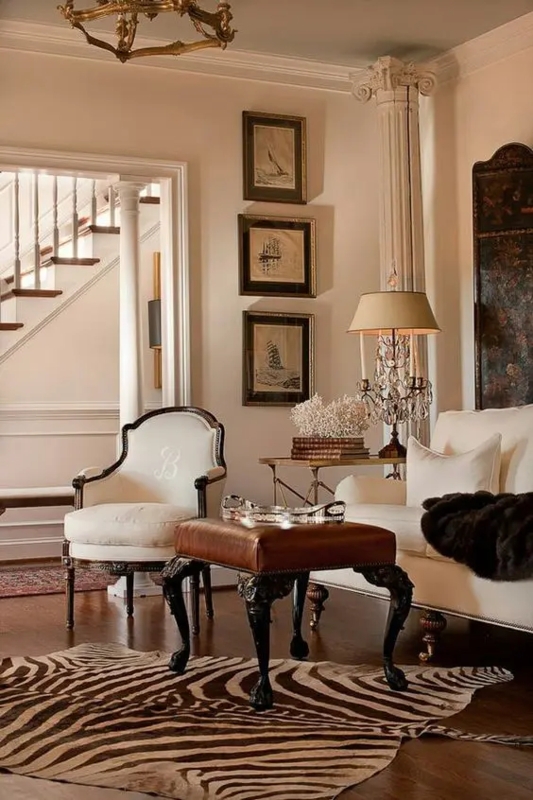 Monogrammed Antique Chair in Eclectic Living Room with Zebra Rug