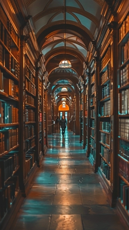 Moody Arched Library Hallway with Pendant Lighting and Vaults