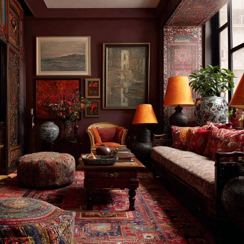 Moody Burgundy Wall Living Room with Layered Global Textiles