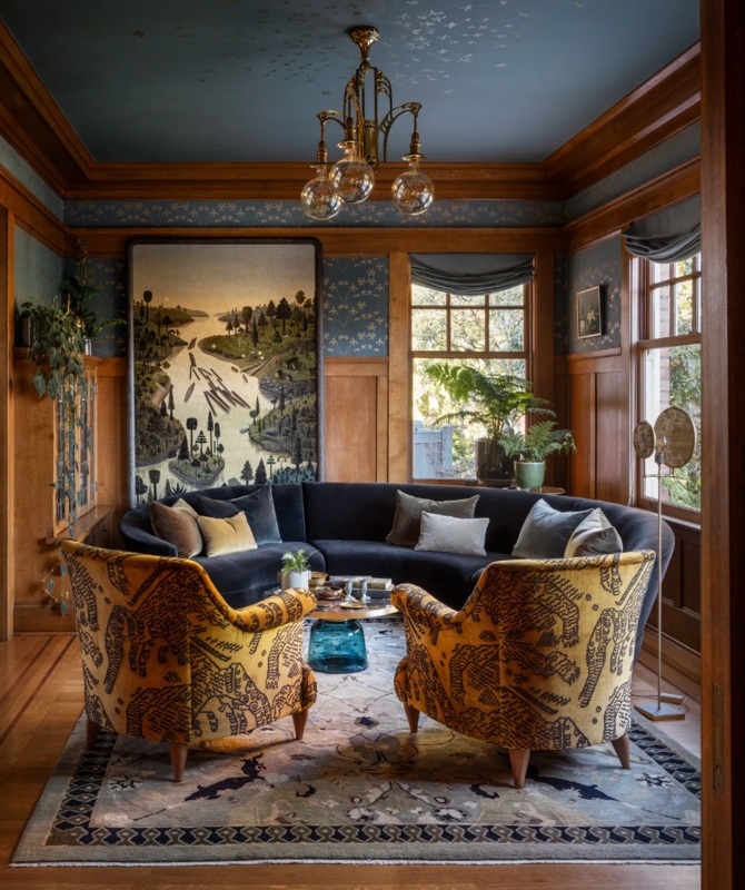 Moody Living Room: Tiger Pattern Chairs & Curved Navy Sectional Layout