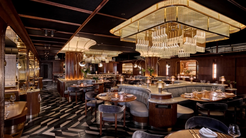 Moody Upscale Restaurant Interior Design with Tiered Glass Lighting