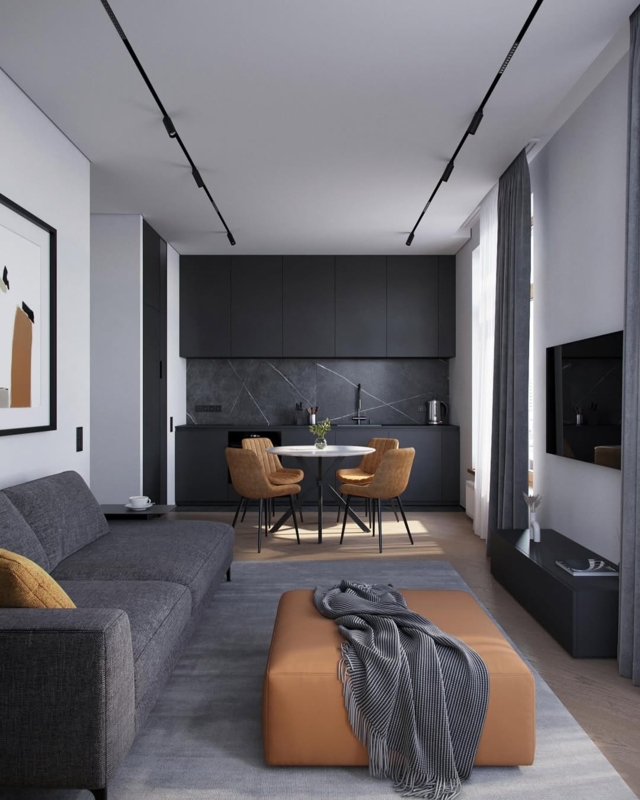 Moody Urban Living Room: Dark Kitchen & Tan Leather Accents