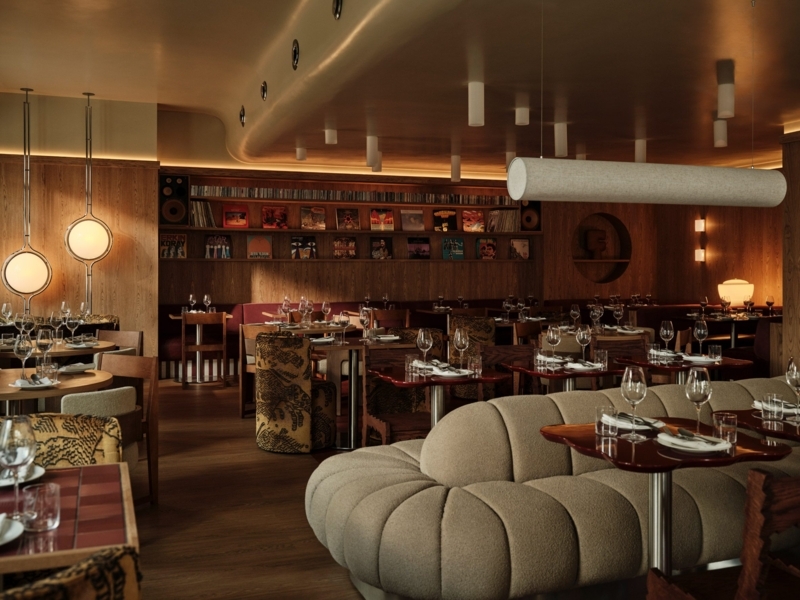 Moody Wood Paneled Restaurant: Curved Tufted Banquette & Record Shelf
