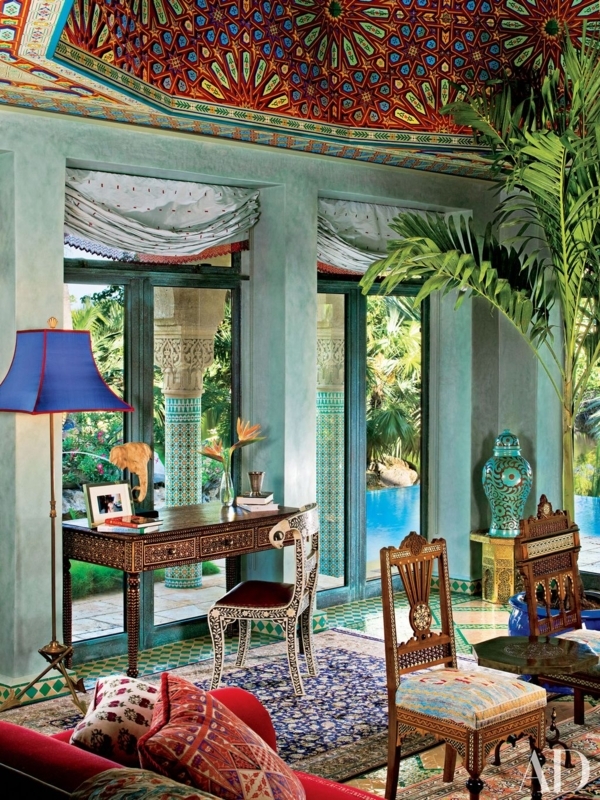 Moroccan Home Office with Patterned Ceiling and Bone Inlay Desk