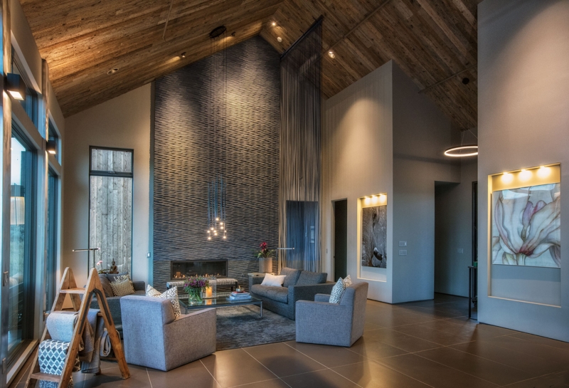 Mountain Living Room with Vaulted Wood Ceiling & Linear Fireplace