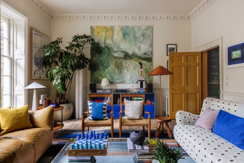 Mustard Yellow Door Accent in Eclectic Living Room with Abstract Art