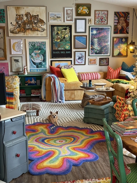 Mustard Yellow Sectional: Wavy Rainbow Rug & Dense Art Gallery Wall