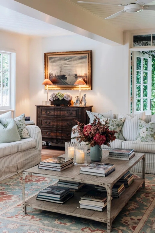 Nantucket Style Living Room Decor with Weathered Two Tier Coffee Table