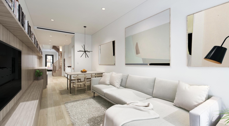 Narrow Townhouse Living Room Ideas: Built-in Media Wall with Shelving