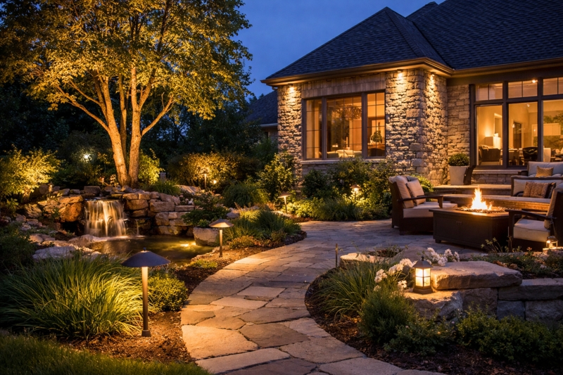 Natural Stone Water Feature with Fire Pit and Layered Lighting