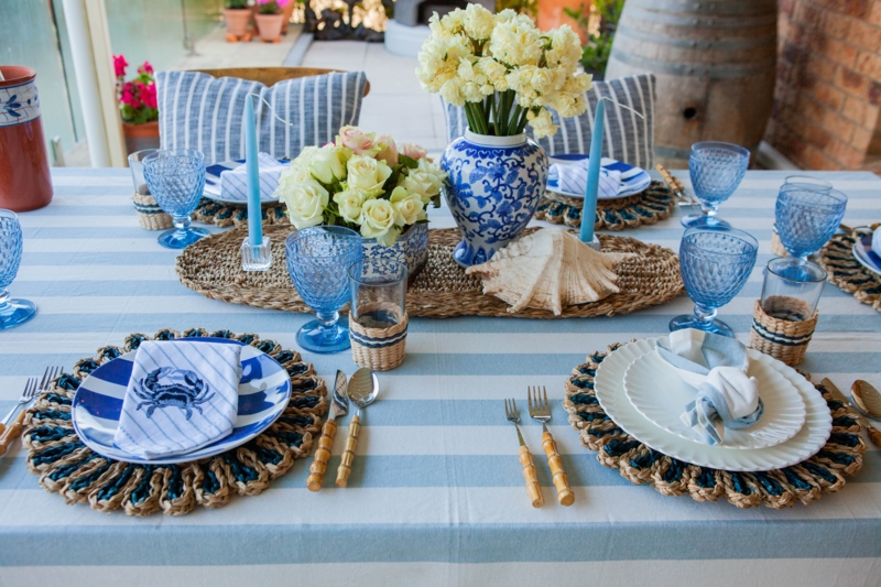Nautical Alfresco Table Setting with Bamboo Handle Flatware