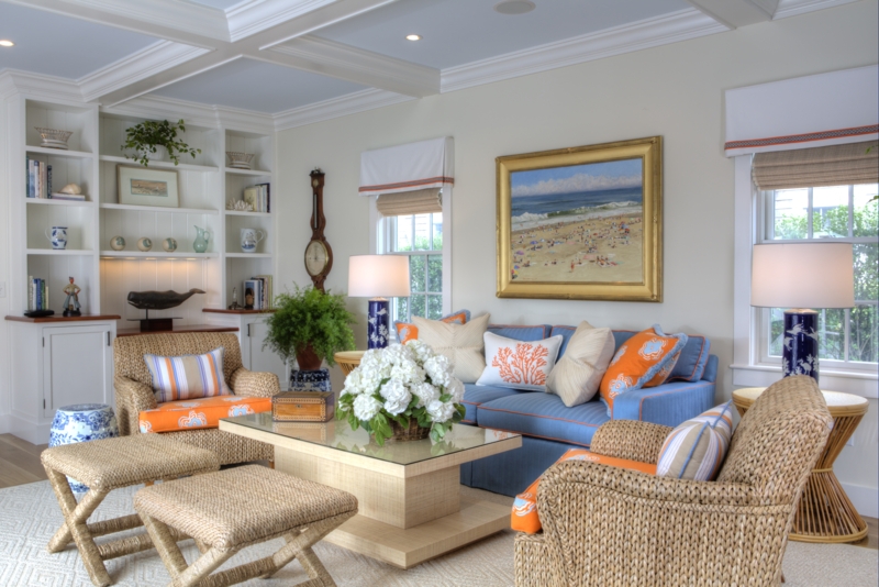 Nautical Beach House Seating Layout with Raffia Wrapped Coffee Table
