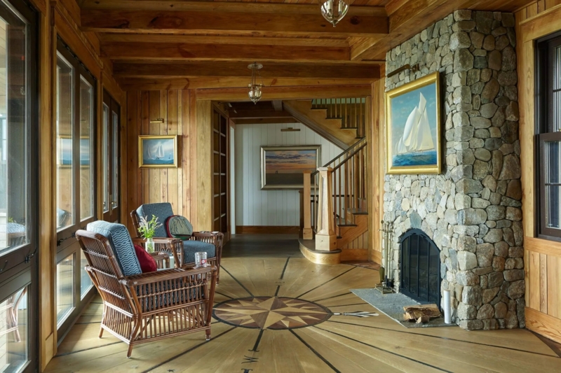 Nautical Entryway with Compass Floor Inlay and Stone Fireplace