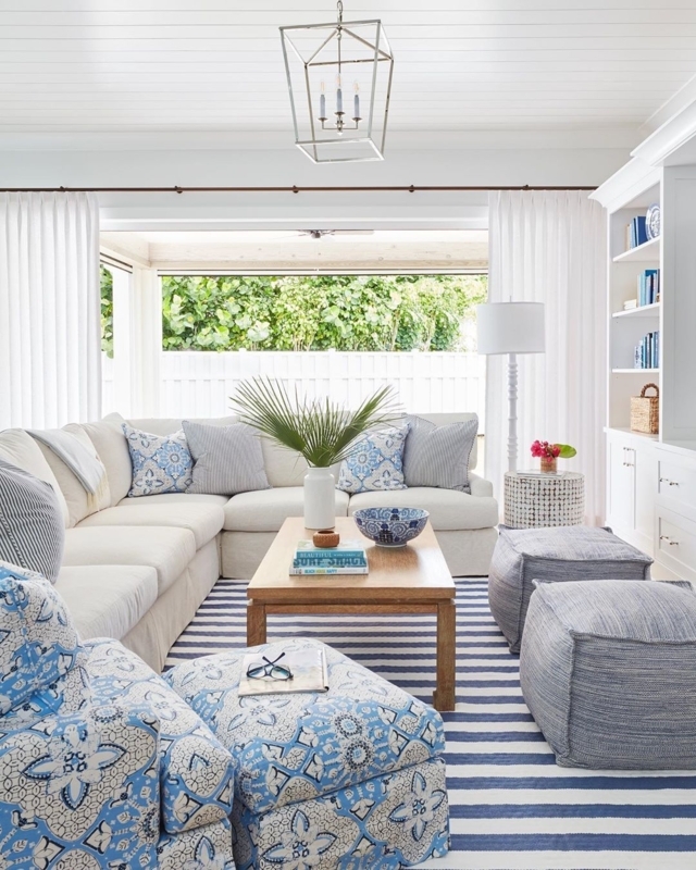 Nautical Living Room Navy Striped Rug & Lantern Pendant Light