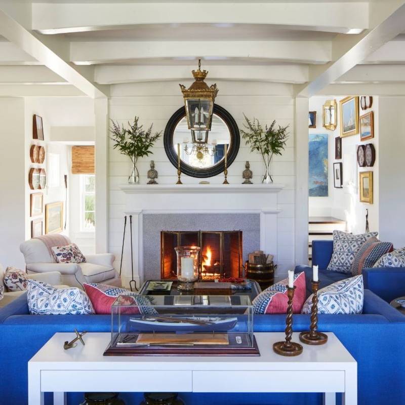 Navy and White Nautical Living Room with White Shiplap Walls