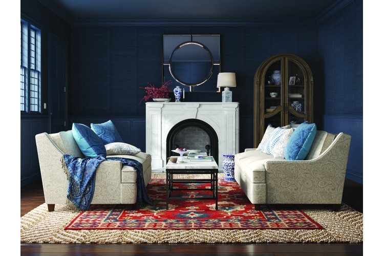 Navy Blue Monochromatic Living Room with Symmetrical Paisley Loveseats