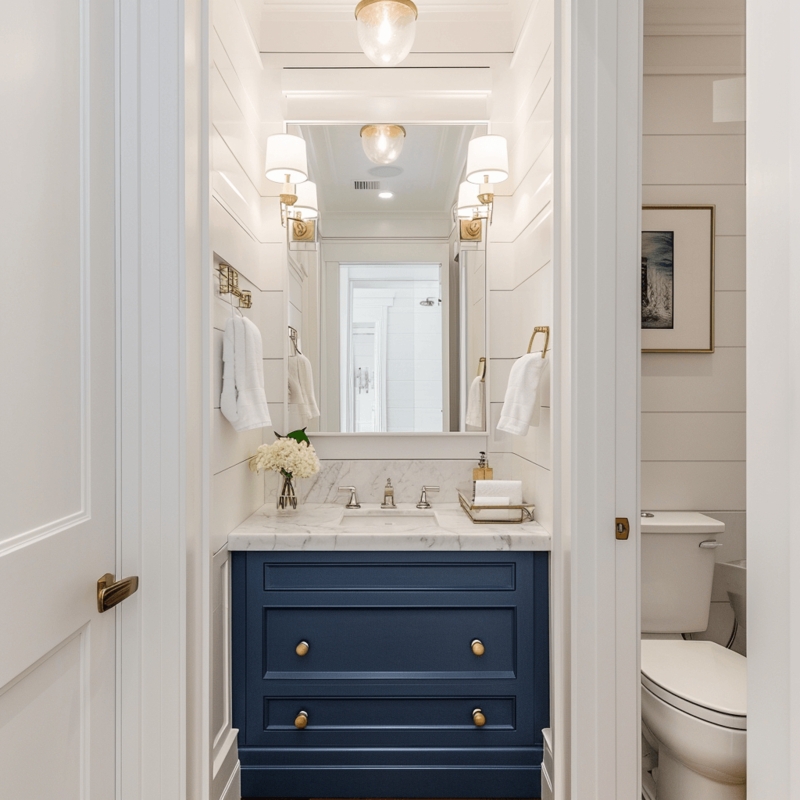 Navy Blue Vanity with Marble Top, Shiplap Walls and Gold Hardware