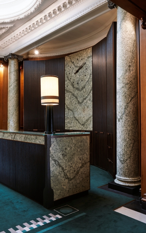 Neo-Classical Reception: Ribbed Wood Paneling, Sage Green Stone