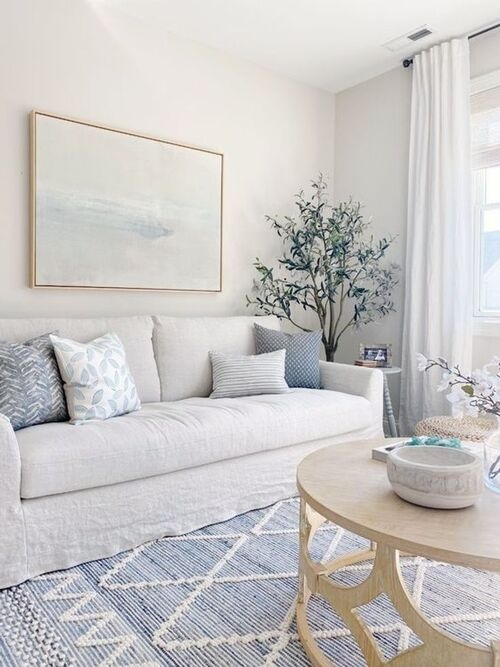 Neutral Coastal Living Room White Slipcover Sofa & Blue Diamond Rug