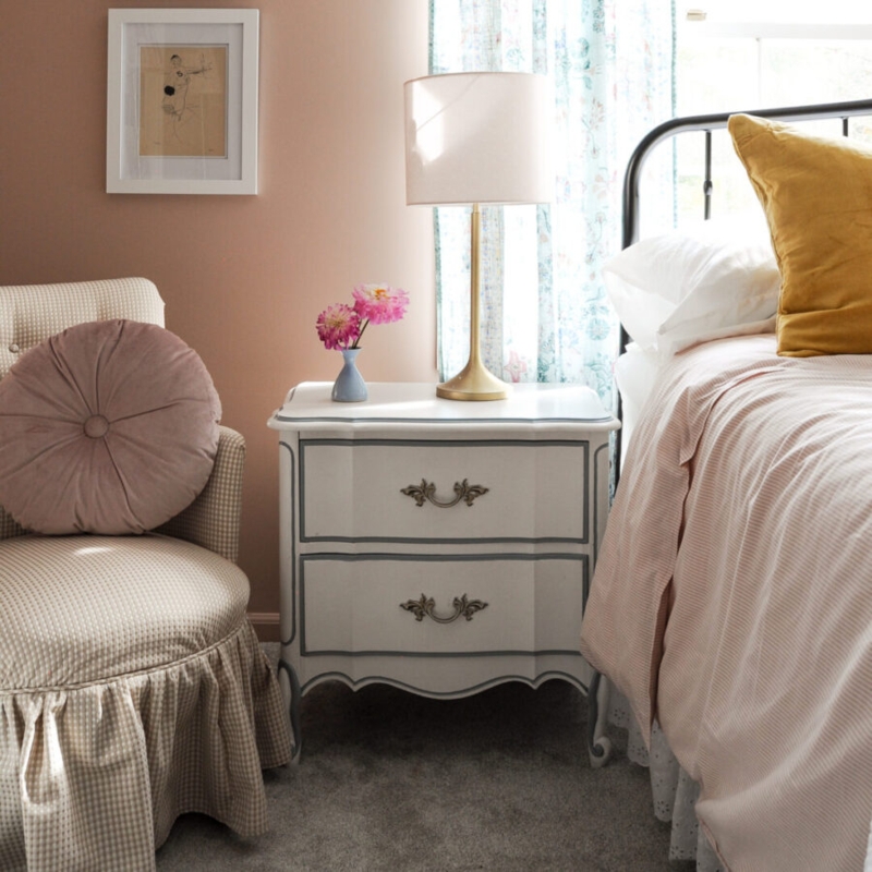 Nightstand White with Grey Trim Scalloped Apron Checkered Chair
