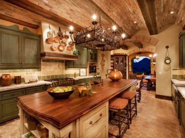 Old World Italian Kitchen with Vaulted Brick Ceiling & Pot Rack
