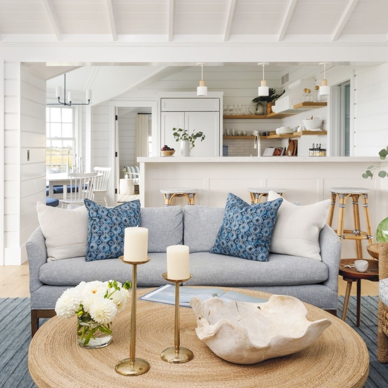 Open Concept Coastal Living Room with Jute Coffee Table Styling