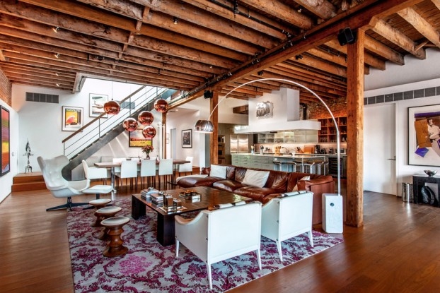 Open Concept Industrial Loft Copper Globe Pendants Exposed Beams