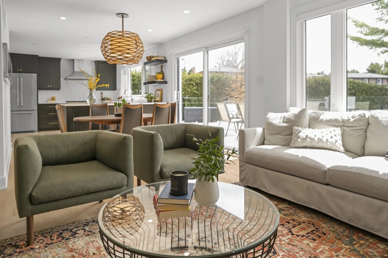 Open Concept Living Room with Woven Orb Pendant Light