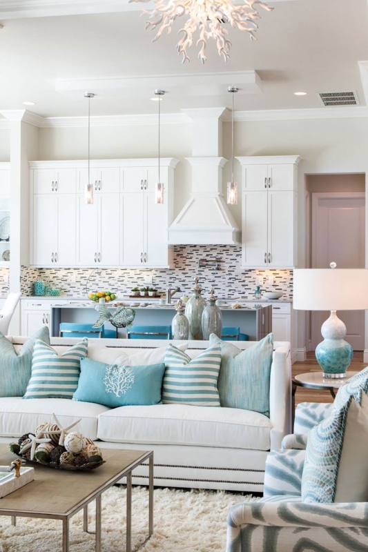 Open Plan Coastal Living Room Aqua Accents & Coral Chandelier