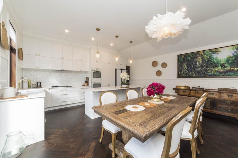 Open Plan Kitchen Dining: Dark Herringbone Floors & Rustic Wood Table