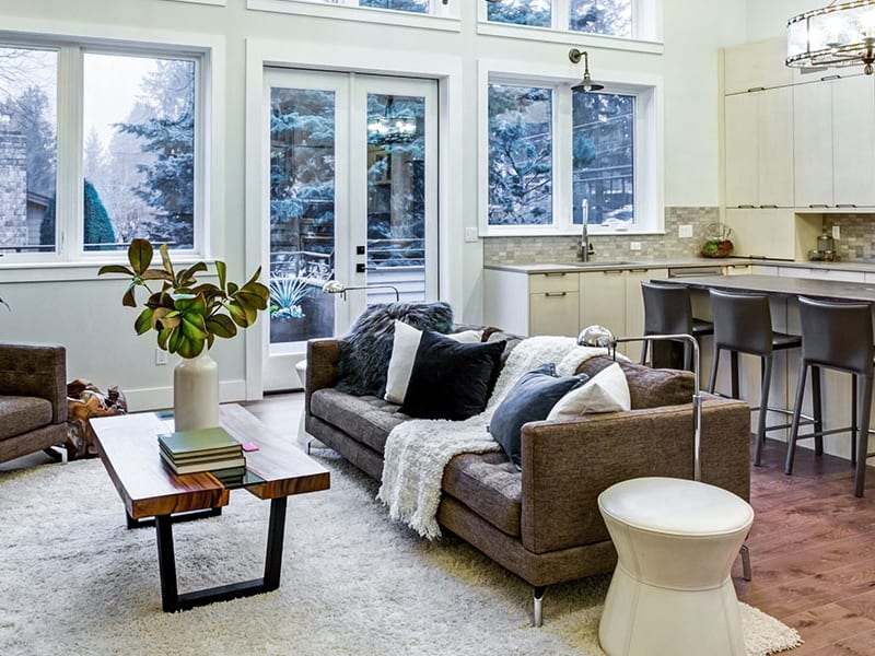 Open Plan Living Area: Live Edge Coffee Table Styling & Snowy View