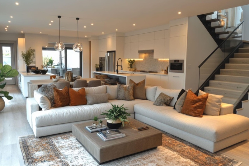 Open Plan Living Layout: Warm Neutral Sectional & Burnt Orange Accents
