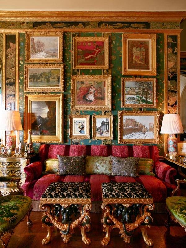Opulent Living Room: Elephant Stools, Gilded Gallery Wall, Emerald & Red