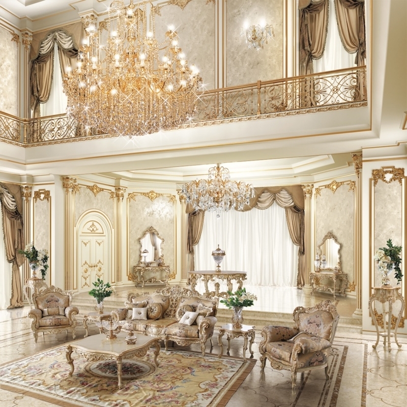 Opulent Living Room: Tiered Crystal Chandelier & Gold Boiserie