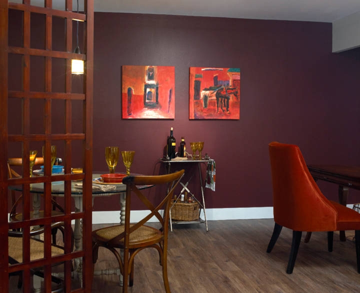 Orange Velvet Accent Chair Styling in Eggplant Purple Dining Room