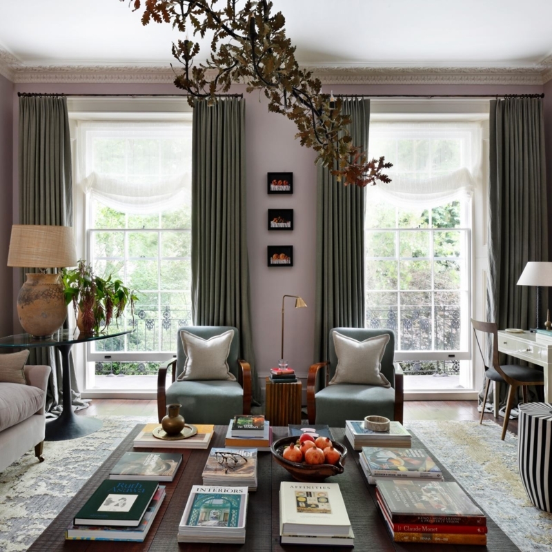 Organic Branch Ceiling Installation in Mauve and Olive Living Room