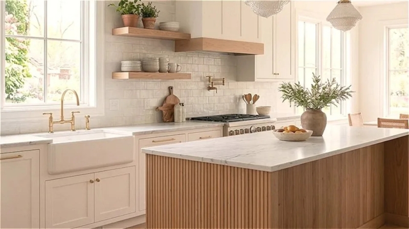 Organic Modern Kitchen with Ribbed Island Base and Wood Trimmed Hood