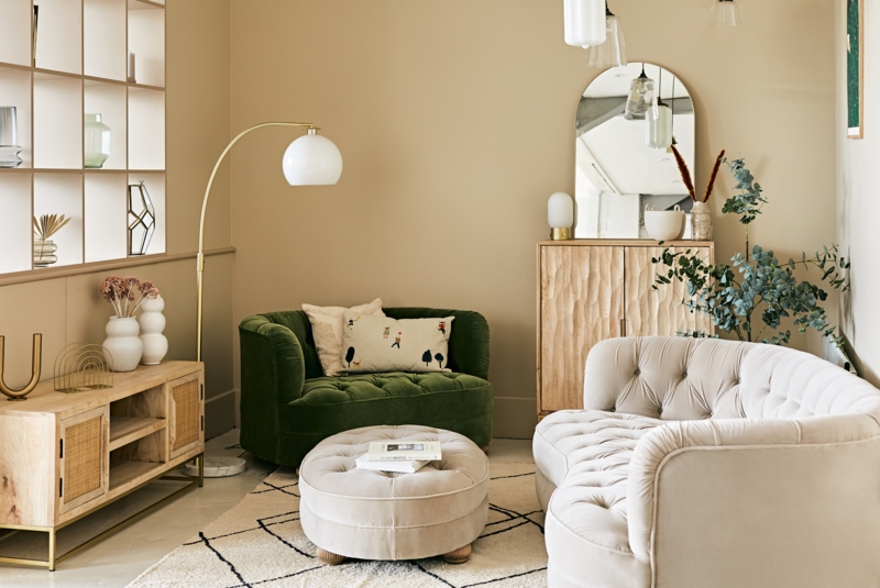 Organic Modern Layout: Green Velvet Chair & Arched Brass Lamp