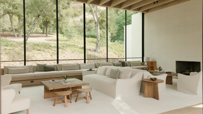 Organic Modern Living Room: Exposed Wood Beams & Window Bench