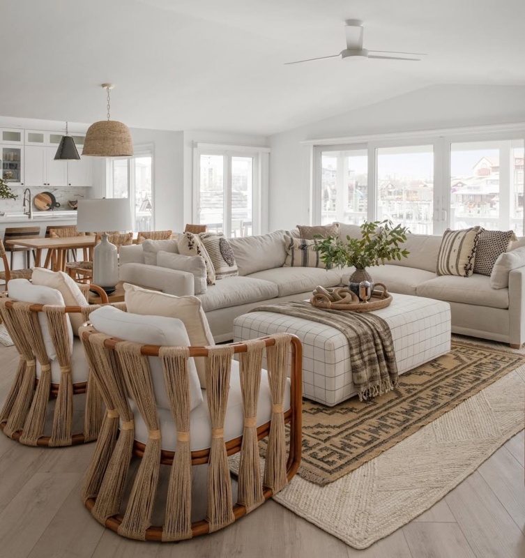 Organic Modern Living Room Rope Wrapped Chairs & Grid Ottoman