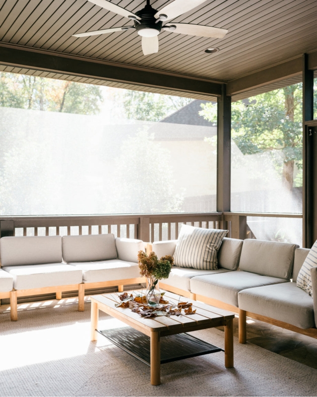Organic Modern Porch: Wood Framed Modular Sofa, Slatted Coffee Table.