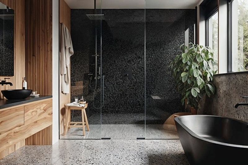 Organic Modern Spa Bathroom with Terrazzo Flooring & Pebble Tile Wall